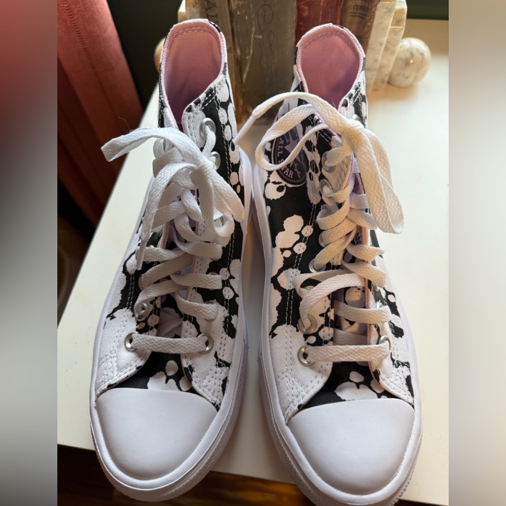 Converse Black and White Floral High-Top Platform Sneakers